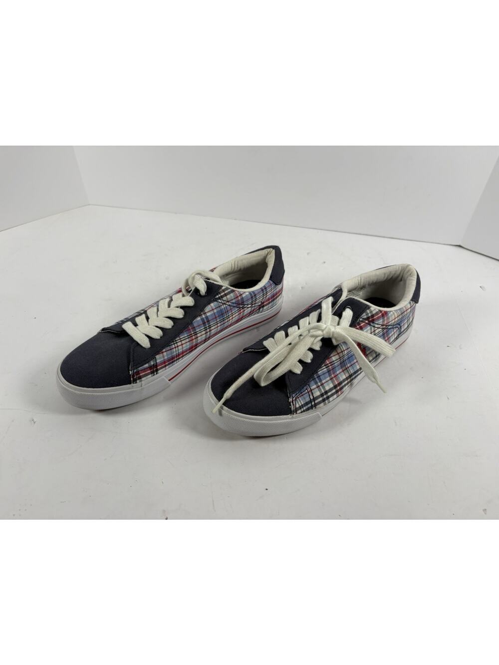 Polo Ralph Lauren Plaid Canvas Sneakers Red Blue Womens Size 6.5 Shoes